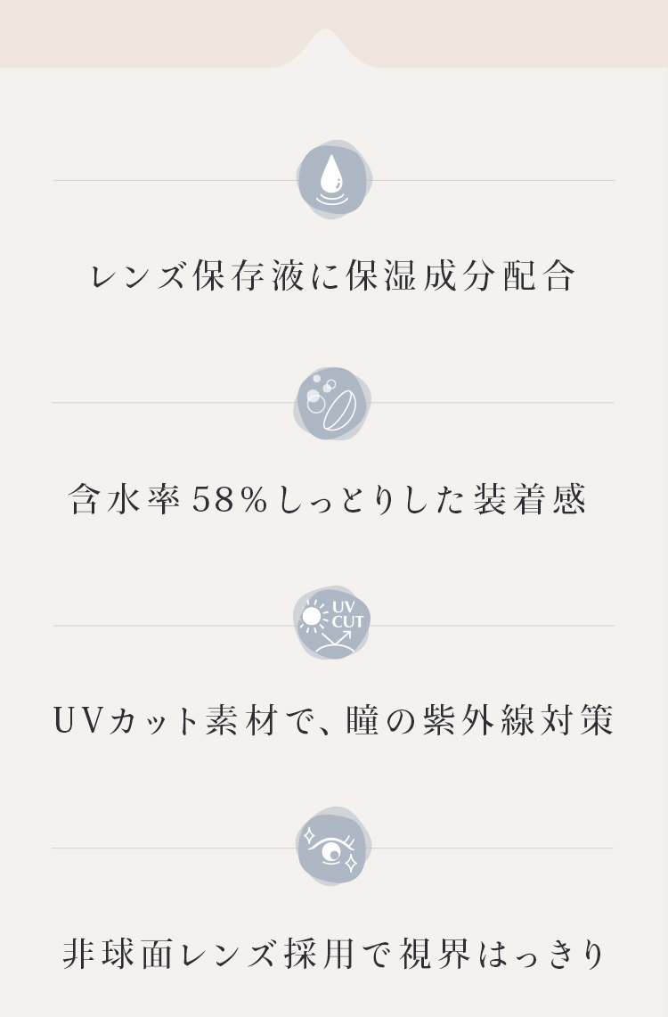 レンズ保存液に保湿成分配合 含水率58%しっとりした装着感 UVカット素材で、瞳の紫外線対策 非球面レンズ採用で視界はっきり